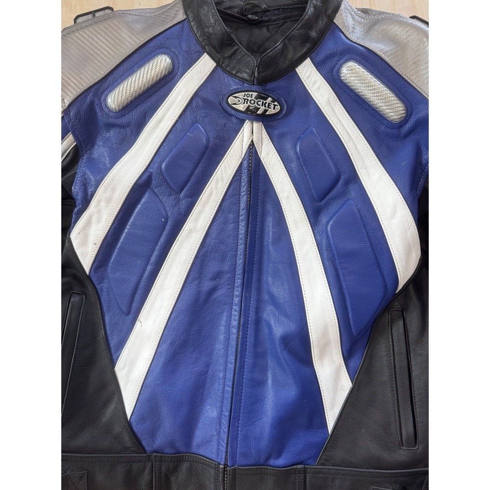 Joe Rocket Blue Leather Motorcycle Jacket Y2K Racing Moto Biker Streetwear XL 48 - Picture 2 of 15